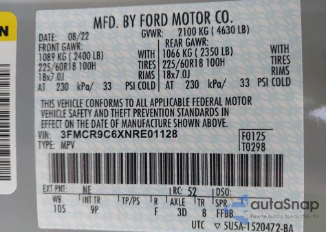 2022 Ford Bronco Sport Outer Banks z USA, uszkodzony, nr VIN 3FMCR9C6XNRE01128